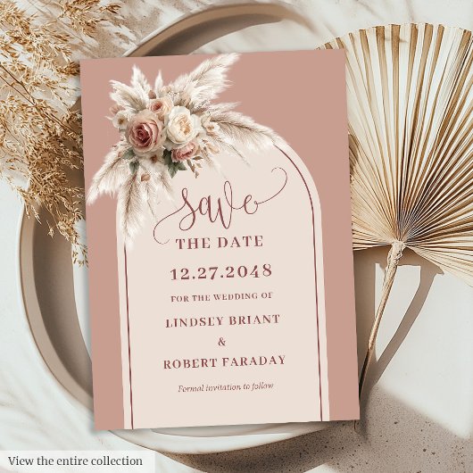 Invitation Boho Dusty Pink Floral Pampas Grass Save the Date