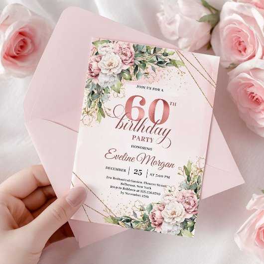 Invitation Boho Dusty Pink Rose Gold Watercolor 60th Birthday