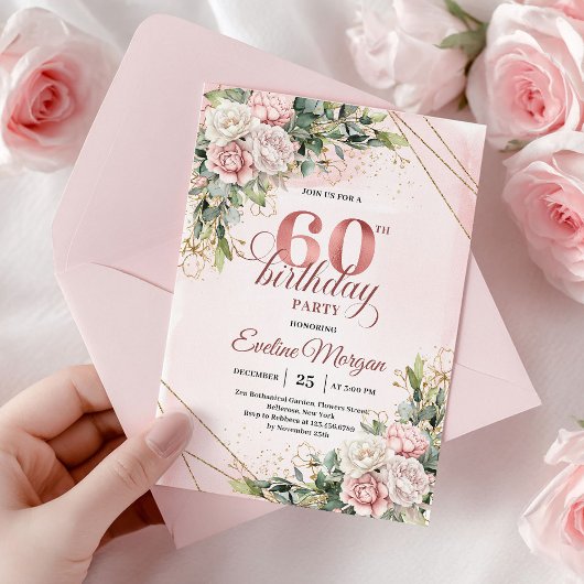 Invitation Boho Dusty Pink Watercolor Rose Gold 60th Birthday