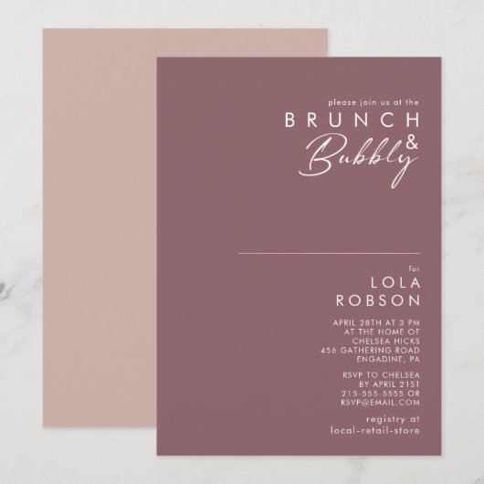 Invitation Boho Dusty Purple & Rose Brunch et Bubbly Douche (Devant / Derrière)