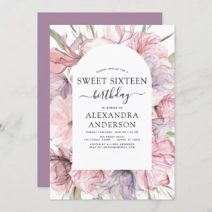 Invitation Boho Dusty Purple Sweet 16 Anniversaire Floral