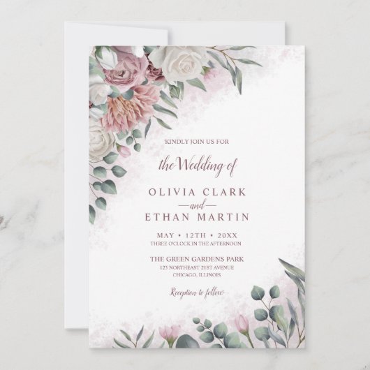 Invitation Boho Dusty Rose Aquarelle Florale Rustique (Devant)