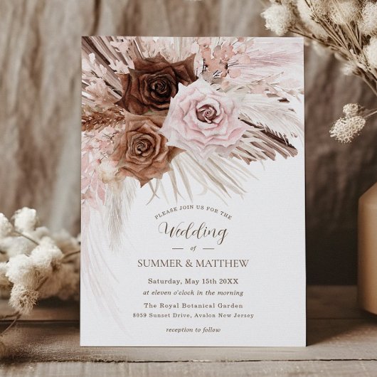 Invitation Boho Dusty rose Brown Floral Pampas Mariage en her