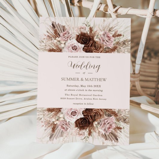 Invitation Boho Dusty rose Fleurs Brown Pampas Mariage en her