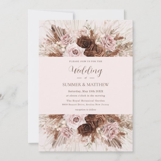 Invitation Boho Dusty rose Fleurs Brown Pampas Mariage en her (Devant)