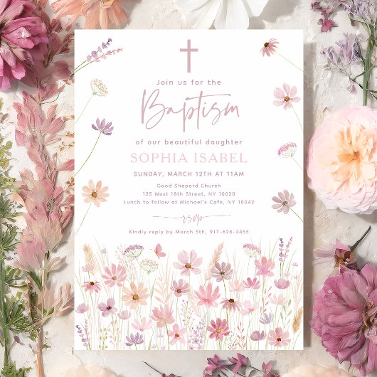 Invitation Boho Dusty Rose Fleurs sauvages Baptême