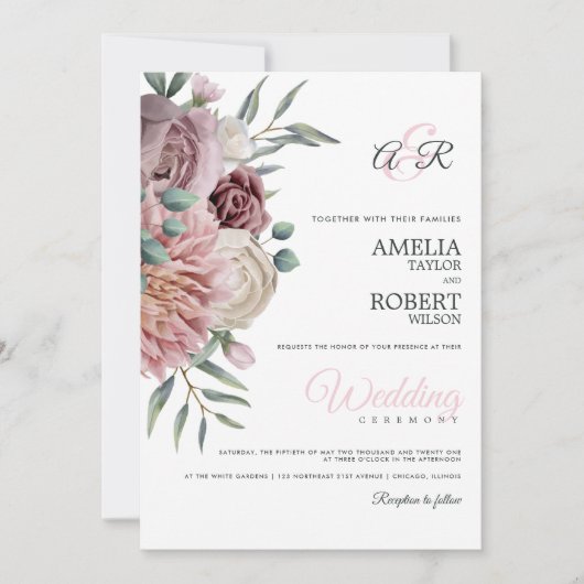 Invitation Boho Dusty Rose Floral (Devant)