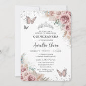 Invitation Boho Dusty Rose Floral Pampas Silver Quinceañera (Devant)