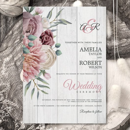 Invitation Boho Dusty Rose Floral Wood