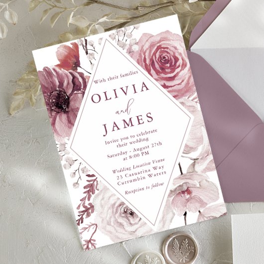 Invitation Boho Dusty Rose & Mauve Floral Frame Mariage
