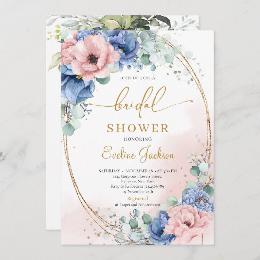 Invitation Boho dusty rose poussiéreux bleu rustique douche n (Devant / Derrière)