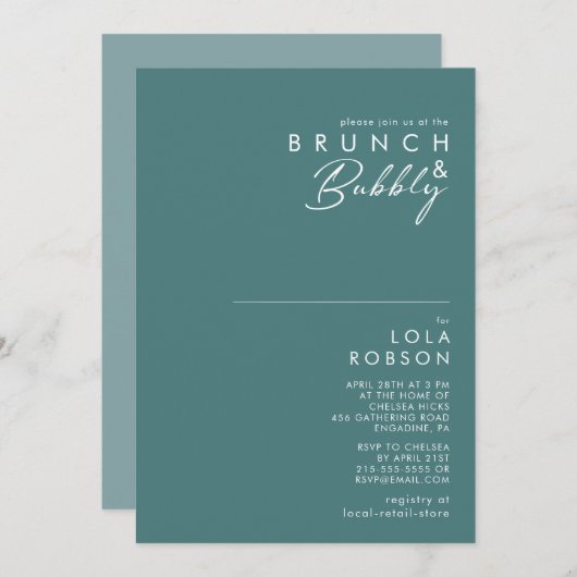 Invitation Boho Dusty Vert & Bleu Brunch et Douche Bubbly (Devant / Derrière)