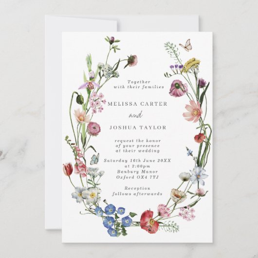 Invitation Boho Dutch Wild Flowers & Butterflies Mariage (Devant)