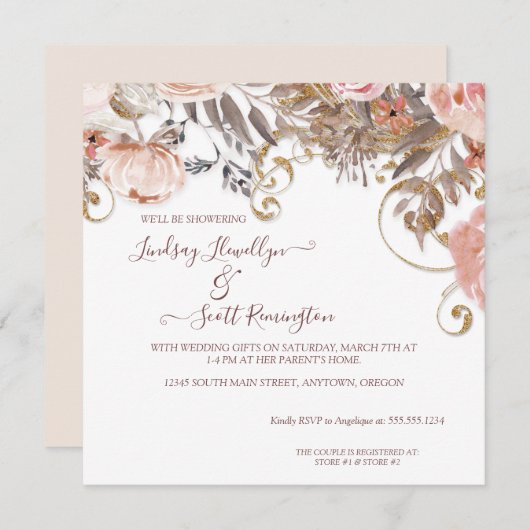 Invitation Boho Earthy Floral Rose Rose Couples Or Couples Do (Devant / Derrière)