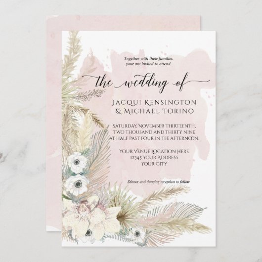 Invitation Boho Earthy Pampas Grass Aquarelle Mariage Floral (Devant / Derrière)
