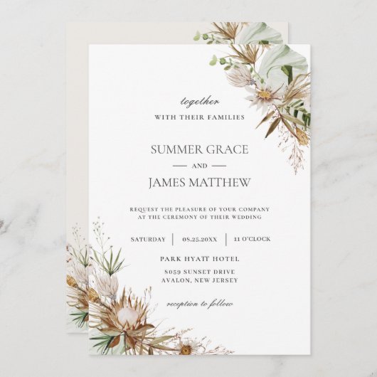 Invitation Boho Earthy Protea séché Palm Rustique Mariage   (Devant / Derrière)
