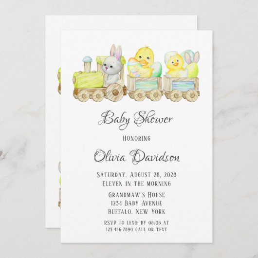 Invitation Boho Easter Chicks Cho Cho Train Baby shower Invit (Devant / Derrière)