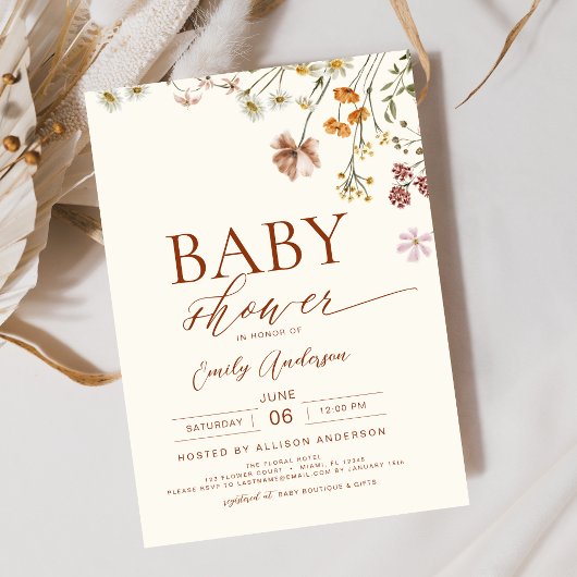 Invitation Boho Elegant Baby shower Fleur sauvage Terracotta