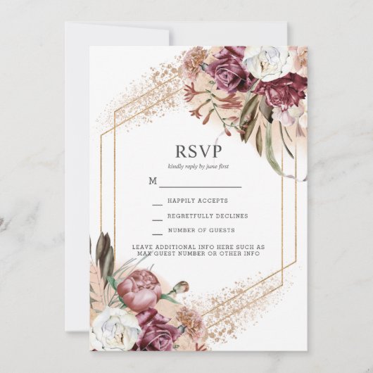 Invitation Boho Elegant Boho Burgundy, Blush & Rose Gold RSVP (Devant)