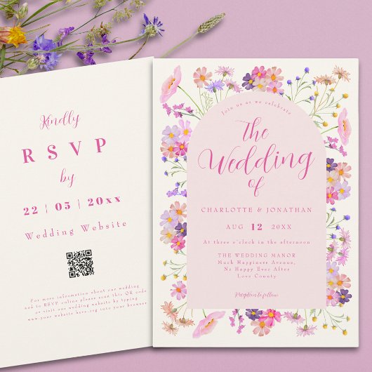 Invitation Boho Élégant Code QR Fleurs des Champs Rose Mariag