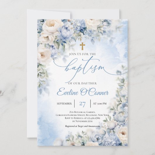 Invitation Boho Elegant Dusty Blue et ivoire Fleurs Baptême (Devant)