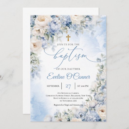 Invitation Boho Elegant Dusty Blue et ivoire Fleurs Baptême (Devant / Derrière)