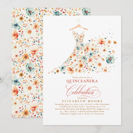 Invitation Boho Elegant Fleur sauvage Floral Fall Quinceanera (Devant / Derrière)