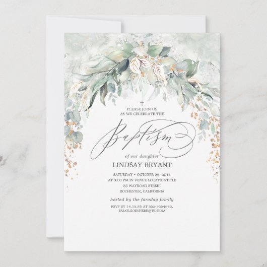 Invitation Boho Elegant Gold Parties scintillant Verdure Bapt (Devant)