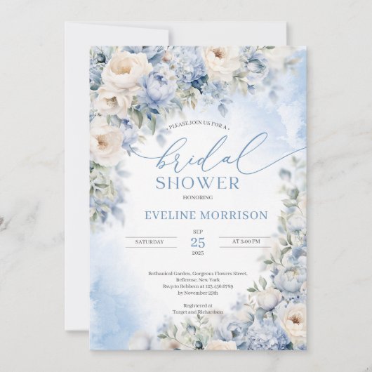Invitation Boho Elegant hiver bleu poussiéreux et fleurs d'iv (Devant)
