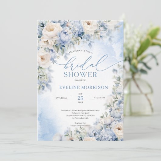 Invitation Boho Elegant hiver bleu poussiéreux et fleurs d'iv (Debout devant)