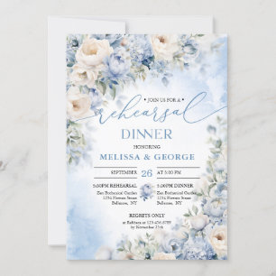 Invitation Boho Elegant hiver Dusty Bleu et Fleurs d'ivoire