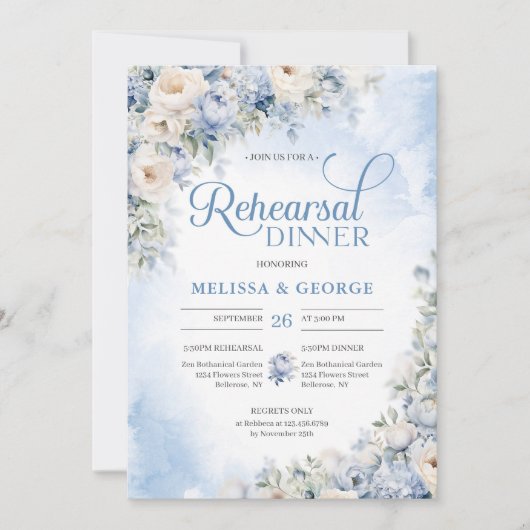 Invitation Boho Elegant hiver Dusty Bleu et Fleurs d'ivoire (Devant)