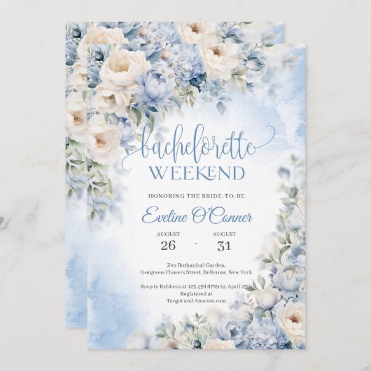 Invitation Boho Elegant hiver Dusty Bleu et Fleurs d'ivoire (Devant / Derrière)