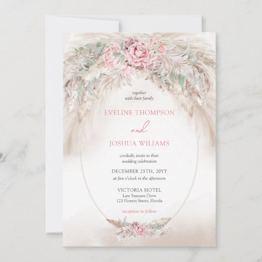 Invitation Boho élégant rose blush pampas eucalyptus mariage (Devant)
