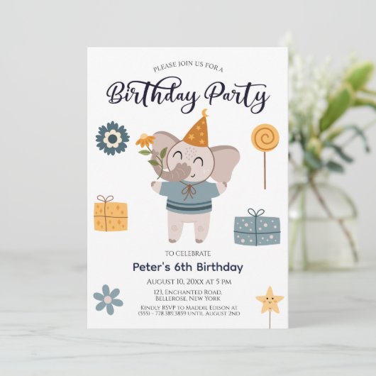 Invitation Boho Elephant 6ème fête d'anniversaire (Debout devant)