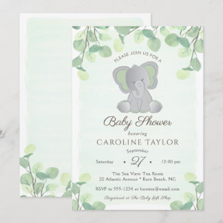 Invitation Boho Elephant Aquarelle Baby shower vert