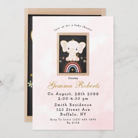 Invitation Boho Elephant assis sur le Baby shower Rainbow Gir (Devant / Derrière)