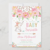 Invitation Boho Elephant Baby Sprinkel Girl Pink Mint Floral (Devant)
