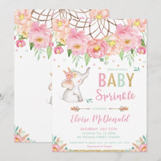 Invitation Boho Elephant Baby Sprinkel Girl Pink Mint Floral (Devant / Derrière)