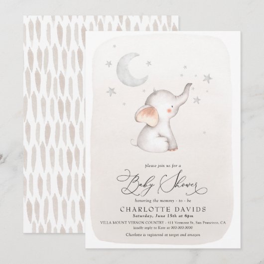 Invitation Boho Elephant Stars Lune Beige Neutre Baby shower (Devant / Derrière)