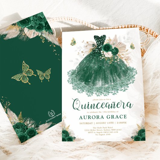 Invitation Boho Emerald Floral Quinceañera Princesse