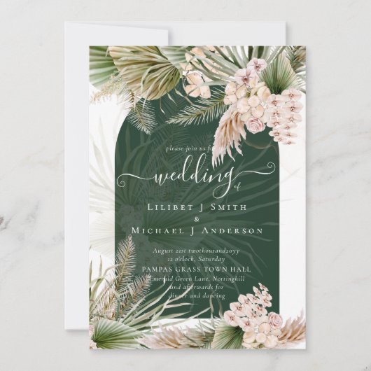 Invitation BOHO Emerald Green Pampas Grass Mariage (Devant)