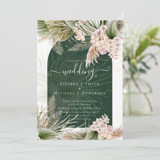 Invitation BOHO Emerald Green Pampas Grass Mariage (Debout devant)