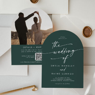 Invitation Boho Emerald Green Photo QR Code Arch Mariage