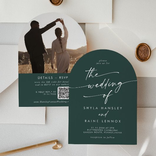 Invitation Boho Emerald Green Photo QR Code Arch Mariage