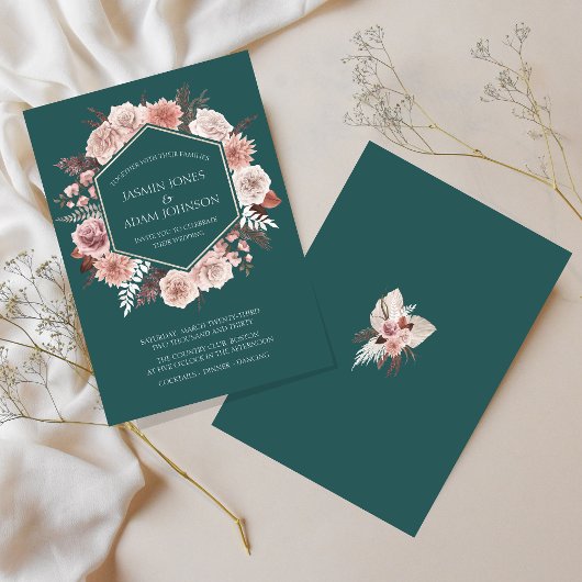 Invitation Boho Emerald Green Rose Floral Mariage