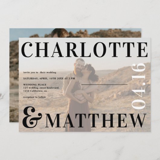 Invitation Boho en gras noms noir blanc photo mariage photo (Devant / Derrière)