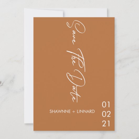 Invitation Boho en terre cuite Brown Script Enregistrer la da (Devant)