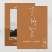 Invitation Boho en terre cuite Brown Script Enregistrer la da (Devant / Derrière)