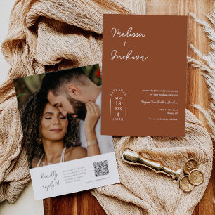 Invitation Boho en terre cuite minimaliste Mariage QR Code ph